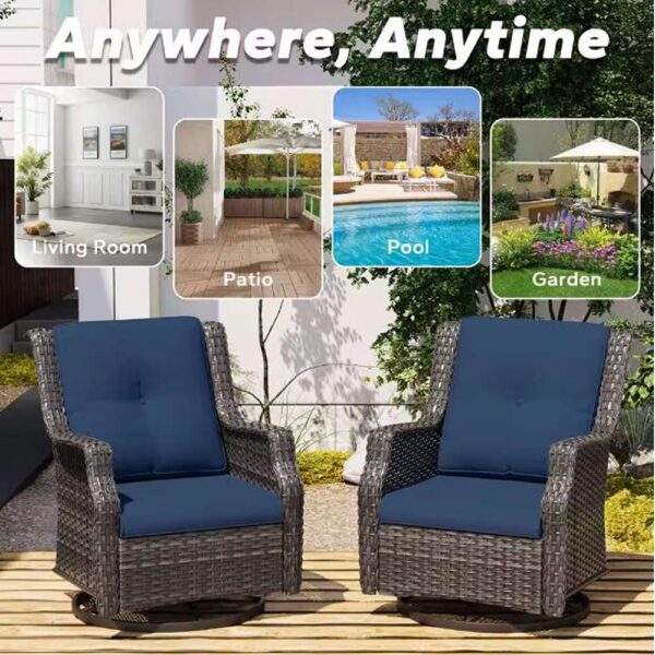 Wicker Patio Outdoor Lounge Chair Swivel Rocking Chair with Blue Cushions (2-Pack)