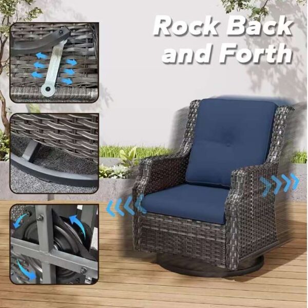 Wicker Patio Outdoor Lounge Chair Swivel Rocking Chair with Blue Cushions (2-Pack)