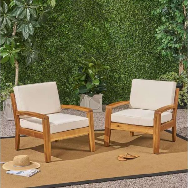 Grenada Teak Finish Stationary Wood Outdoor Patio Lounge Chair with Beige Cushion (2-Pack))