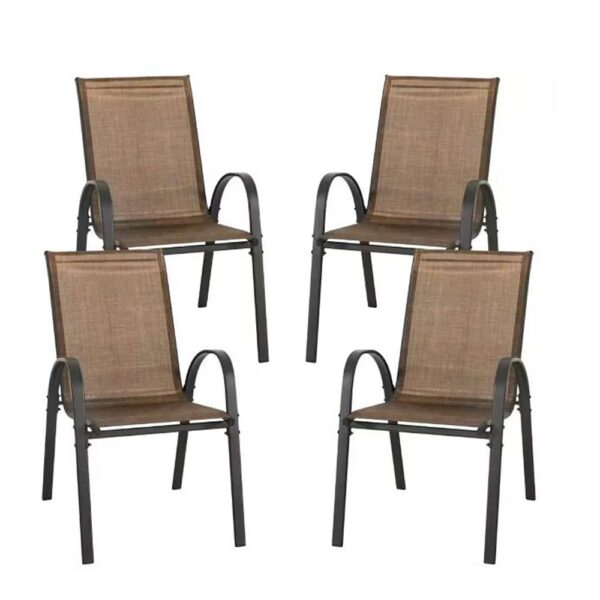 Black Metal and Textilene Stackable Outdoor Dining Chairs in Brown (4-Pack)
