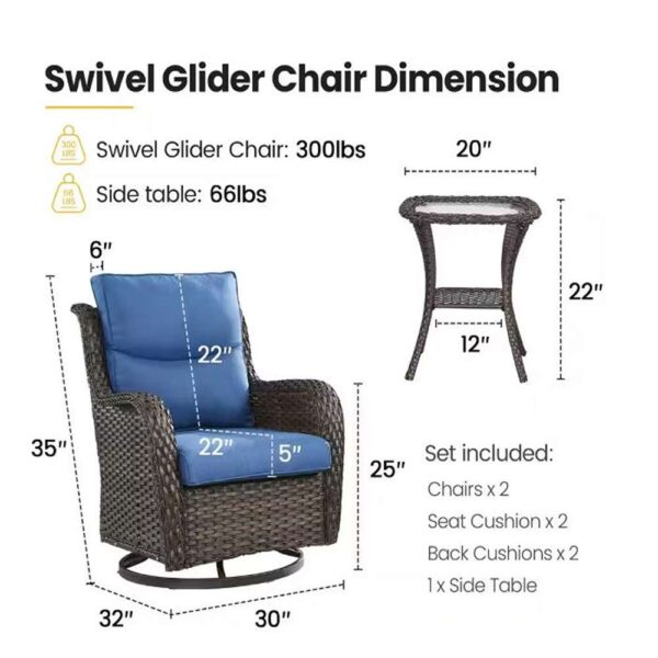 3-Piece Brown Swivel Glider Wicker Outdoor Rocking Chair with Blue Cushions and Side Table