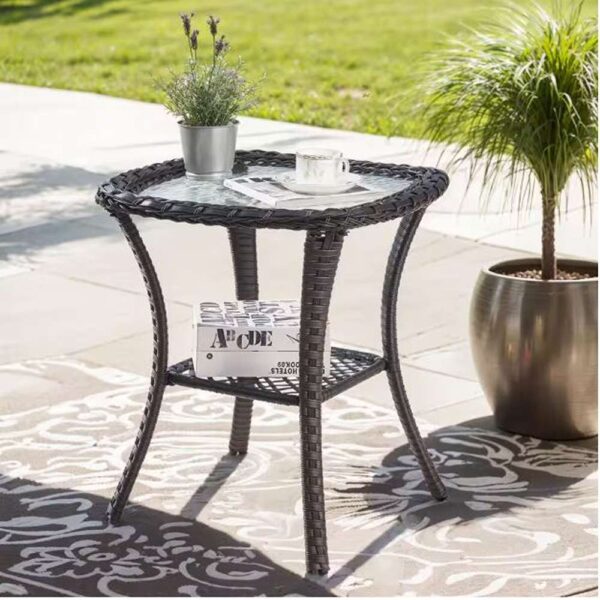 3-Piece Brown Swivel Glider Wicker Outdoor Rocking Chair with Blue Cushions and Side Table