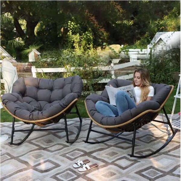 Oversized Beige PE Wicker Outdoor Rocking Chair Papasan Chair with Gray Cushion (2-Pieces)