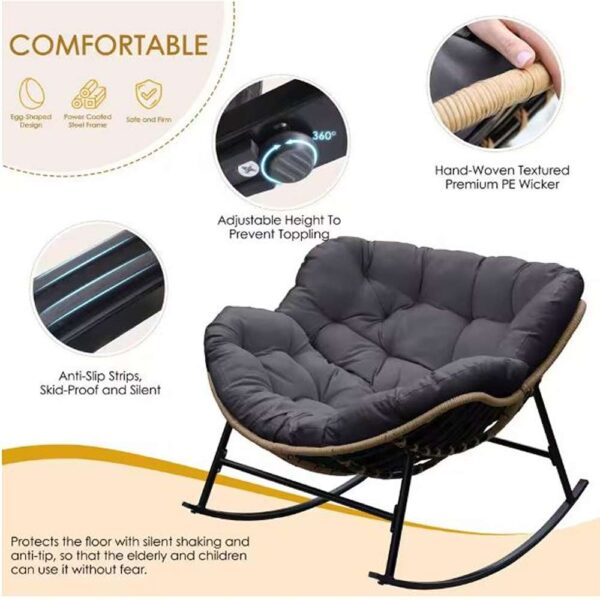 Oversized Beige PE Wicker Outdoor Rocking Chair Papasan Chair with Gray Cushion (2-Pieces)